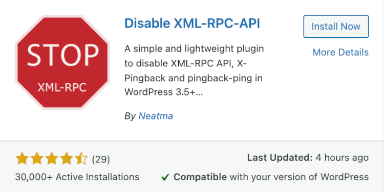 Disable XML RPC API plugin